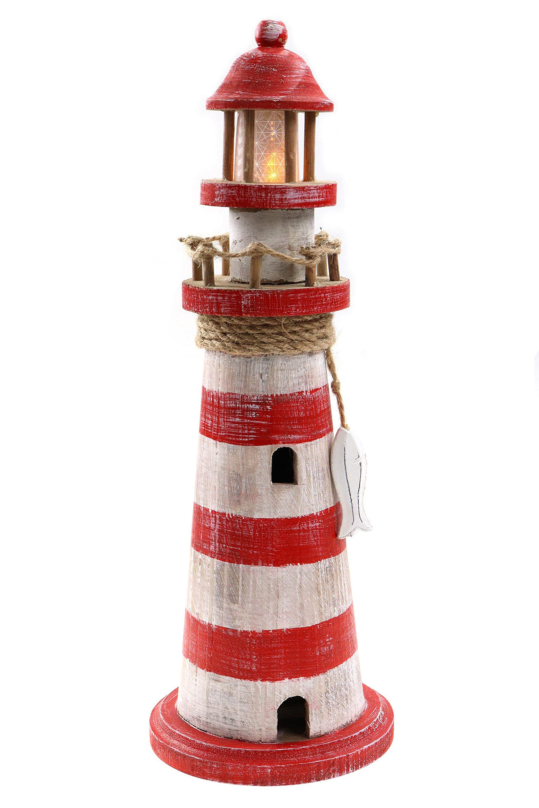 ELLUG Leuchtturm aus Holz mit flackernden LED-Lichtern und maritimen Details zum Stellen mit Timer-F