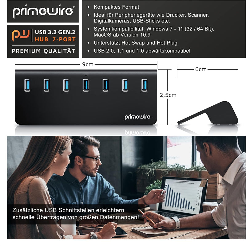 CSL - USB 3.2 Gen2 Hub - 7 Port Verteiler - 10 Gbit/s – mit Netzteil aktiv , USB-Kabel, Stromversorg