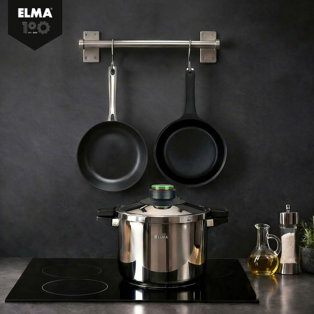ELMA Prêst Schnellkochtopf 8 Liter, Ø 24 cm | 18/10 Edelstahl, Induktionsgeeigneter Kapselboden, 2 G