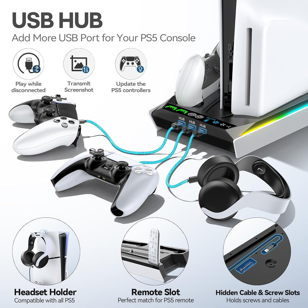 PS5 Ständer für PS5 Slim Disc/PS5 Disc & Digital, 3-stufige Kühlstation und RGB LED mit Controller L