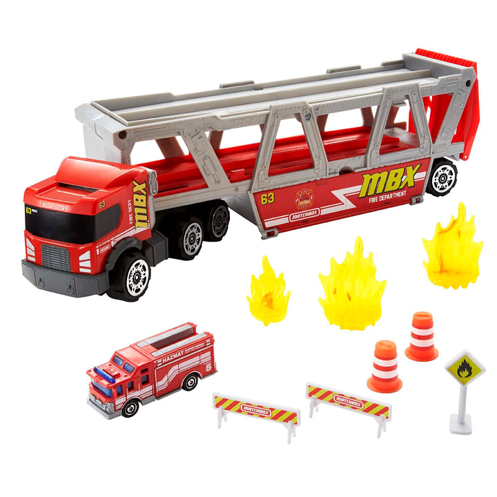 Matchbox HHJ12 - Feuerwehr-Rettungswagen Spielset, 1 Feuerwehr- Fahrzeug, Platz für 16 Autos, leicht