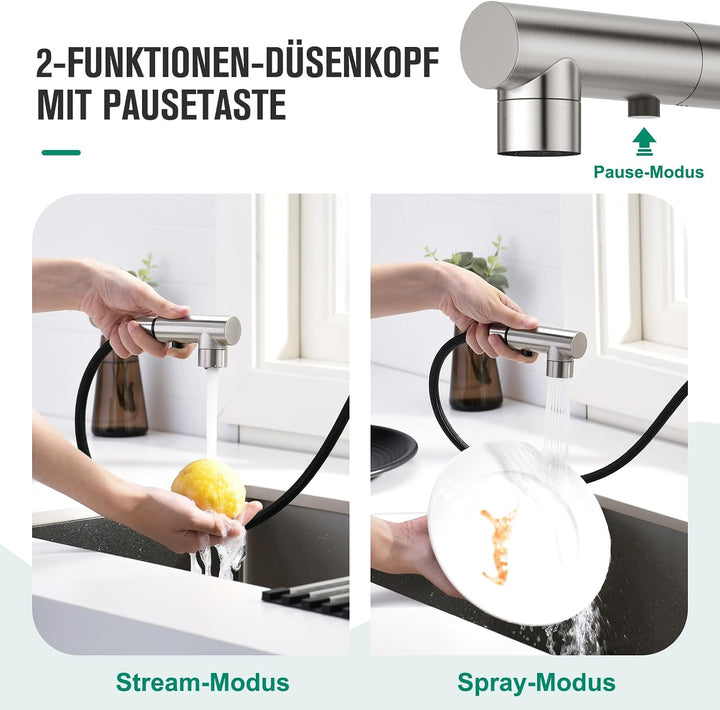 CREA Wasserhahn Küche mit 3 Funktionen Brause,360° Drehbar Hochdruck Einhebelmischer Mischbatterie S