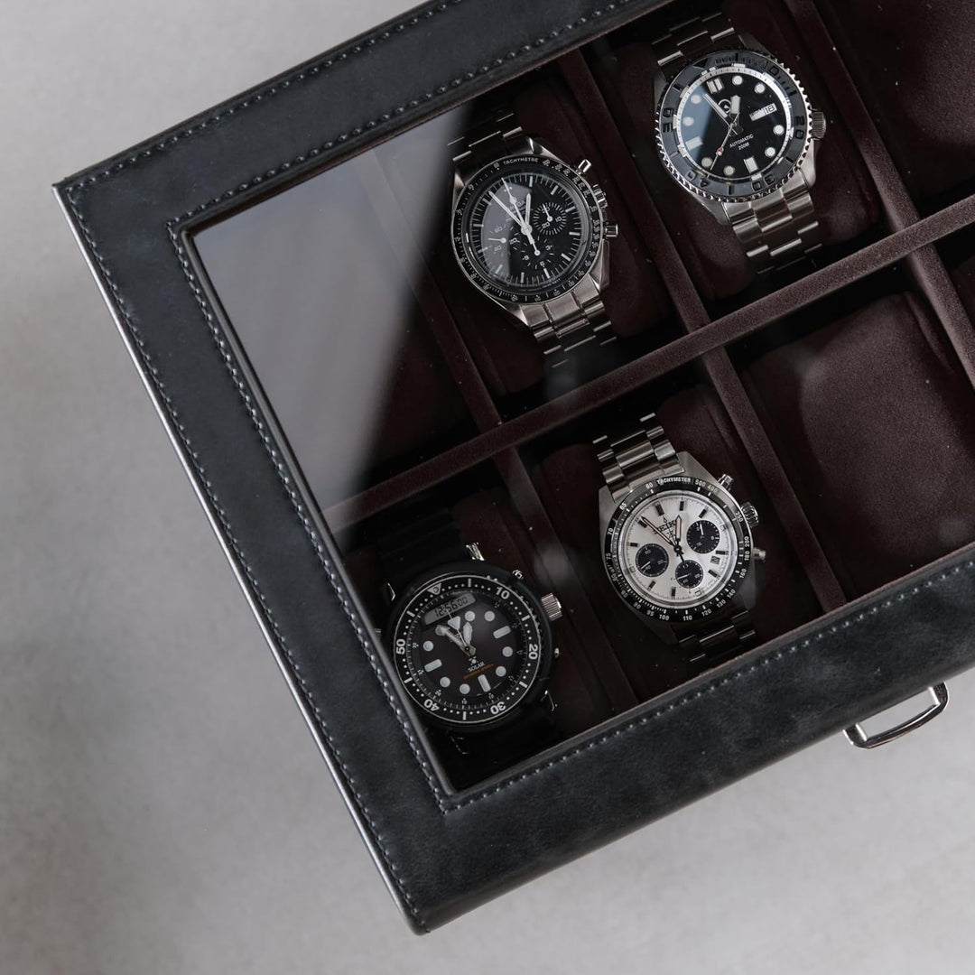 TAWBURY Uhrenbox für Herren – Uhrengehäuse mit 8 Schlitzen und Aufbewahrungsschublade, Echtglas-Disp