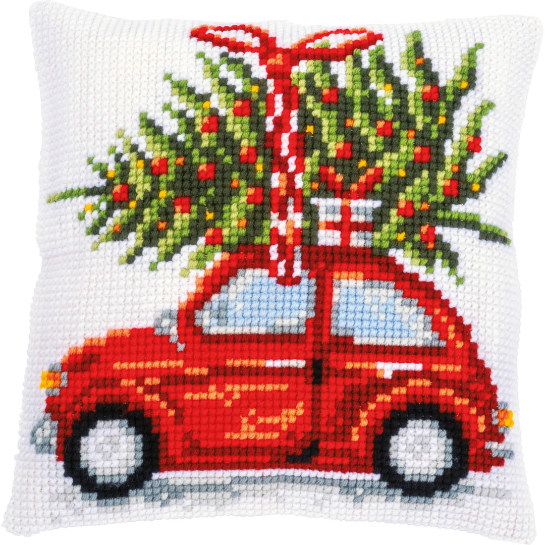 Vervaco Set Kreuzstichkissen Weihnachtsauto ecru, ca. 40 x 40 cm