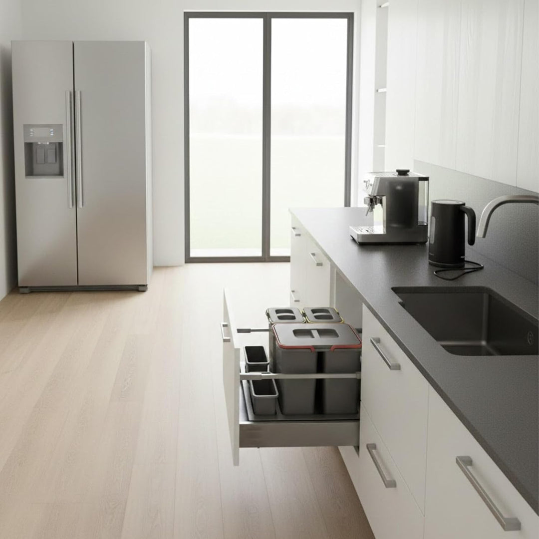 Mülltrennsystem Küche für 60 cm Schrank 3-fach 52,5x49x30 cm (1x 15L + 2x 7L) mit Deckel Einbau Abfa