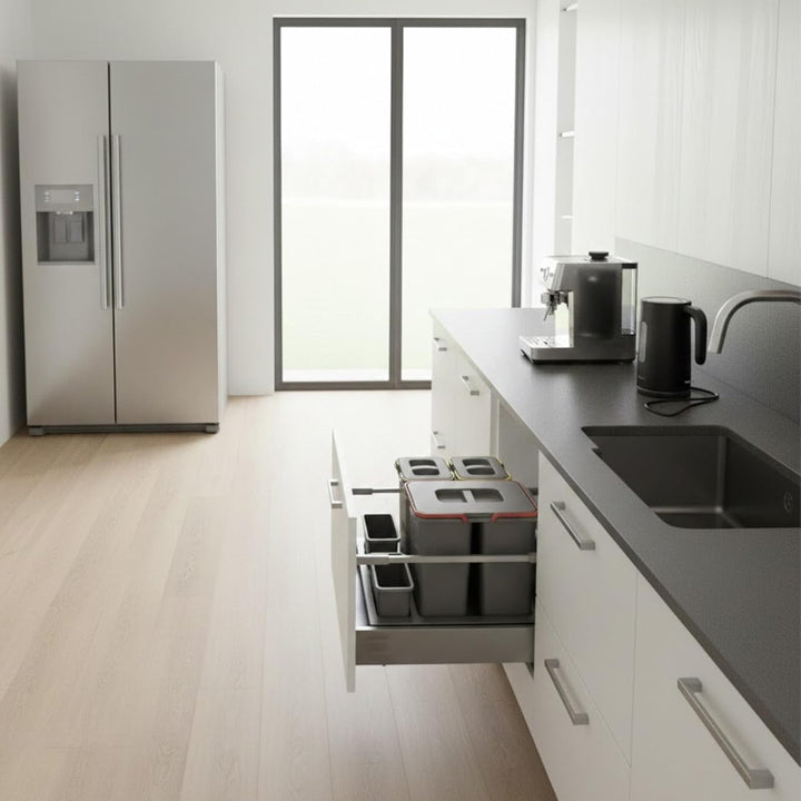 Mülltrennsystem Küche für 60 cm Schrank 3-fach 52,5x49x30 cm (1x 15L + 2x 7L) mit Deckel Einbau Abfa