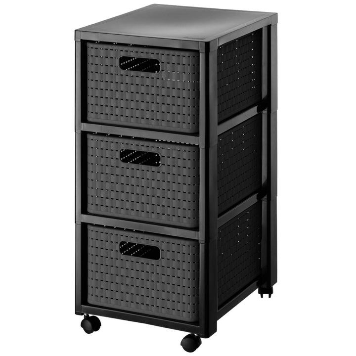 Rotho Country Rollcontainer mit 3 Schubladen in Rattan-Optik, Kunststoff (PP) BPA-frei, anthrazit, 3