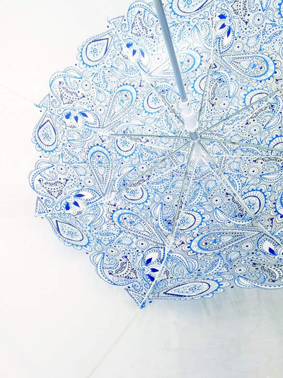 SMATI Durchsichtiger Regenschirm transparent Stockschirm Glockenform Blau Paisleymuster, Blau Paisle
