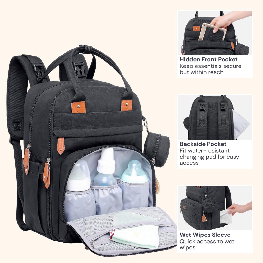 BabbleRoo Baby Wickeltasche/Rucksack, Wickelrucksack lässige Wickeltaschen Schwarz, Schwarz