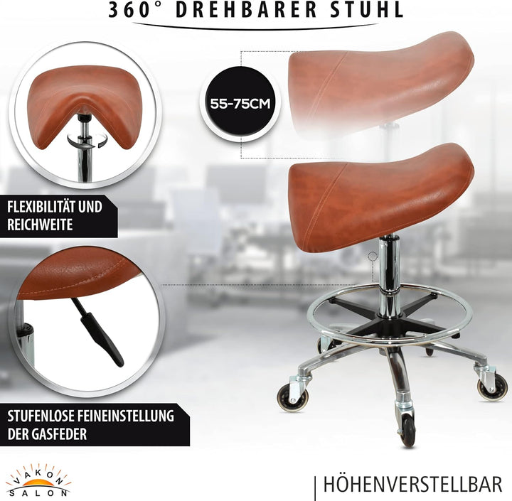 Premium Sattelhocker Hellbraun, Sattelstuhl für Rückenentlastung, Rollhocker höhenverstellbar von 55