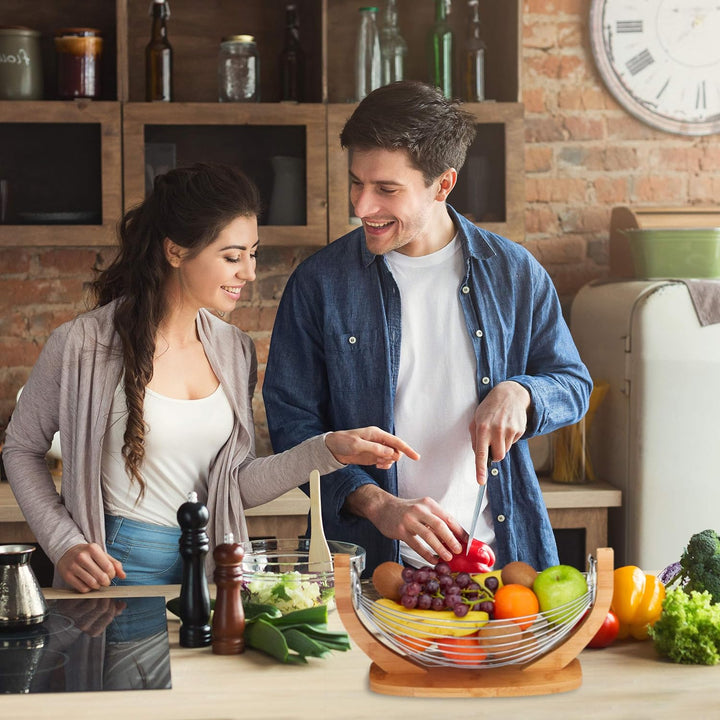 Relaxdays Obsthängematte, Bambus und Edelstahl, Gitter Design, Deko Obstschale, HxBxT: 18, 5 x 38 x