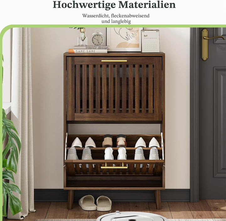 Schuhschrank, Schuhaufbewahrungsschrank mit 2 Klappschubladen mit Lamellen, schmaler Schuhschrank fü