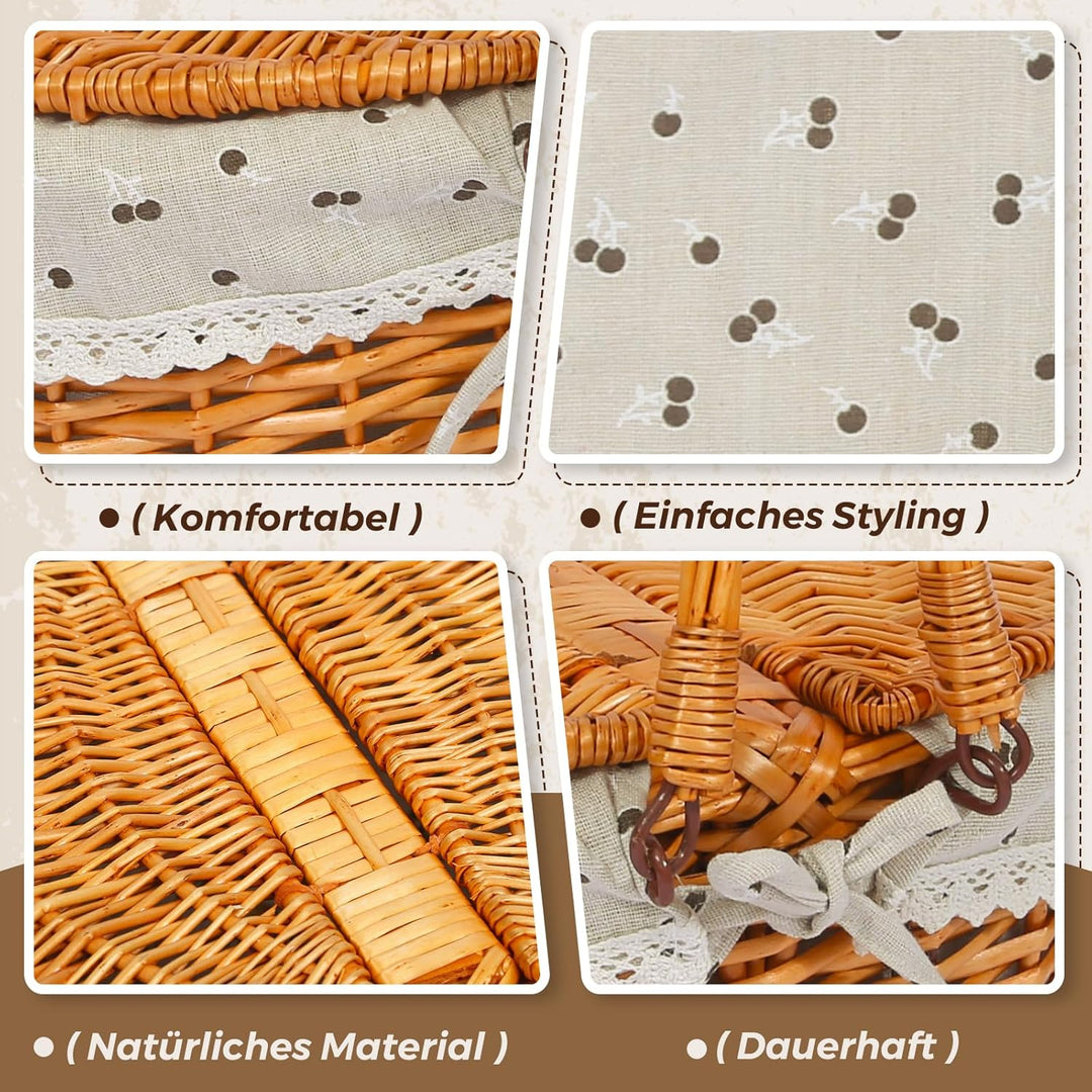 Picknickkorb-Set aus Weide für 4 Personen mit Deckel und Griff. Picknickkorb mit waschbarem Futter u