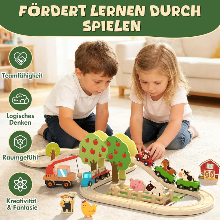 Lehoo Castle Holzeisenbahn, Holz Bauernhof Spielzeug, Holztiere, Kuhstall Spielzeug ab 3 4 5 Jahre M