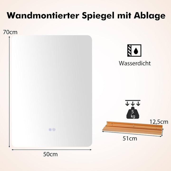 COSTWAY LED Badspiegel mit Beleuchtung, 70 x 50 cm Badezimmerspiegel dimmbar mit Touch Schalter & Me