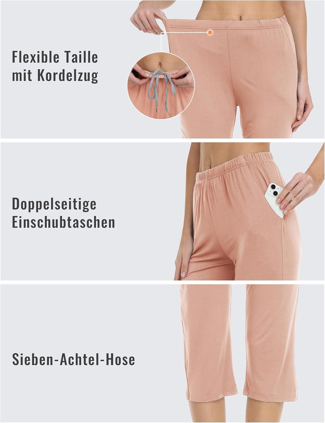 MoFiz Damen Schlafanzughose 3/4 Lang Schlafhose Modal Nachtwäsche Weich Pyjamahose Freizeithose mit