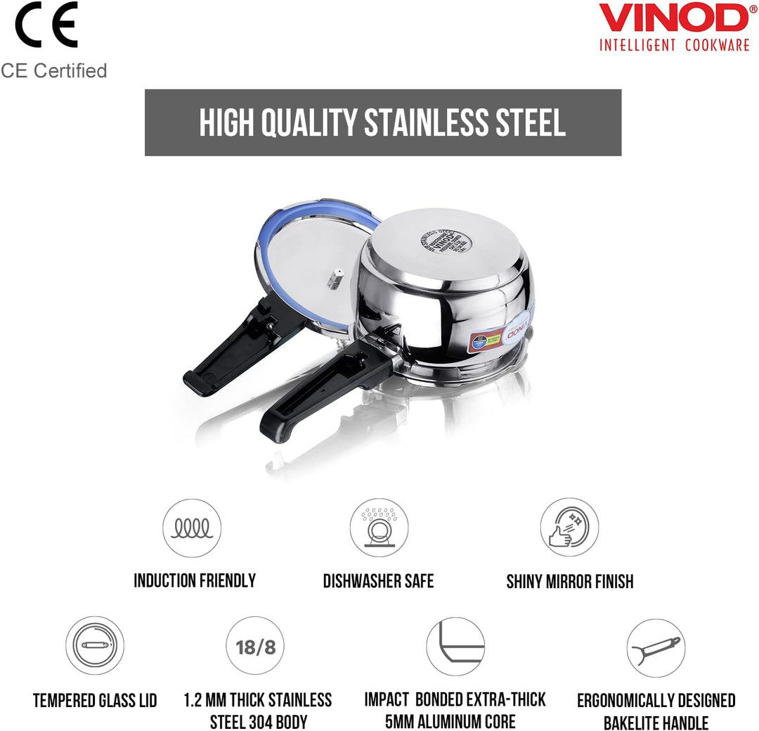 Vinod Pressure Cooker (2,64 Quart) Edelstahl Schnellkochtopf mit Glasdeckel, induktionsgeeignet hoch
