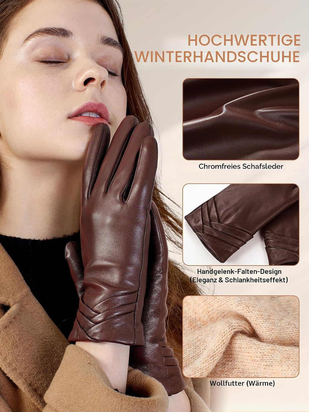 GSG SINCE 1998 Lederhandschuhe Damen aus chromfreiem Lammfell, Gefüttert mit Wolle/Kunstfell, Thermo
