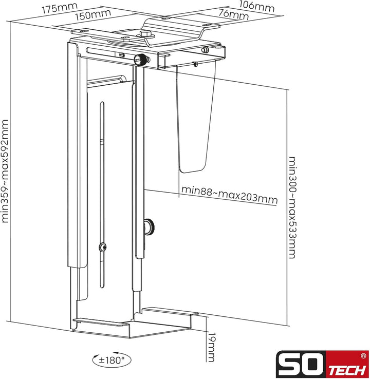 SOTECH PC-Halter I mit 360-Grad-Drehung (Höhenverstellung 285–516 mm, Breitenverstellung 88–203 mm,