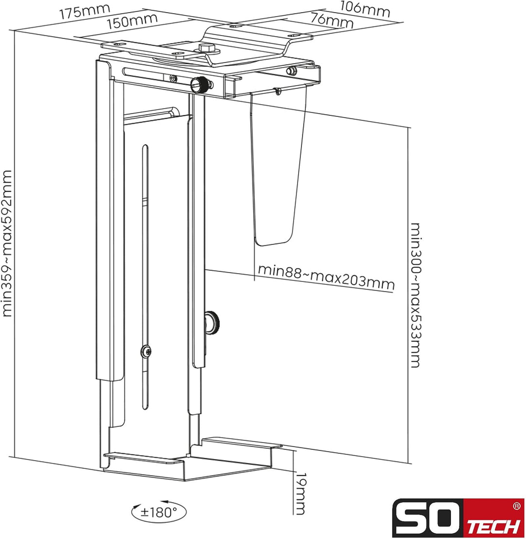 SOTECH PC-Halter I mit 360-Grad-Drehung (Höhenverstellung 285–516 mm, Breitenverstellung 88–203 mm,