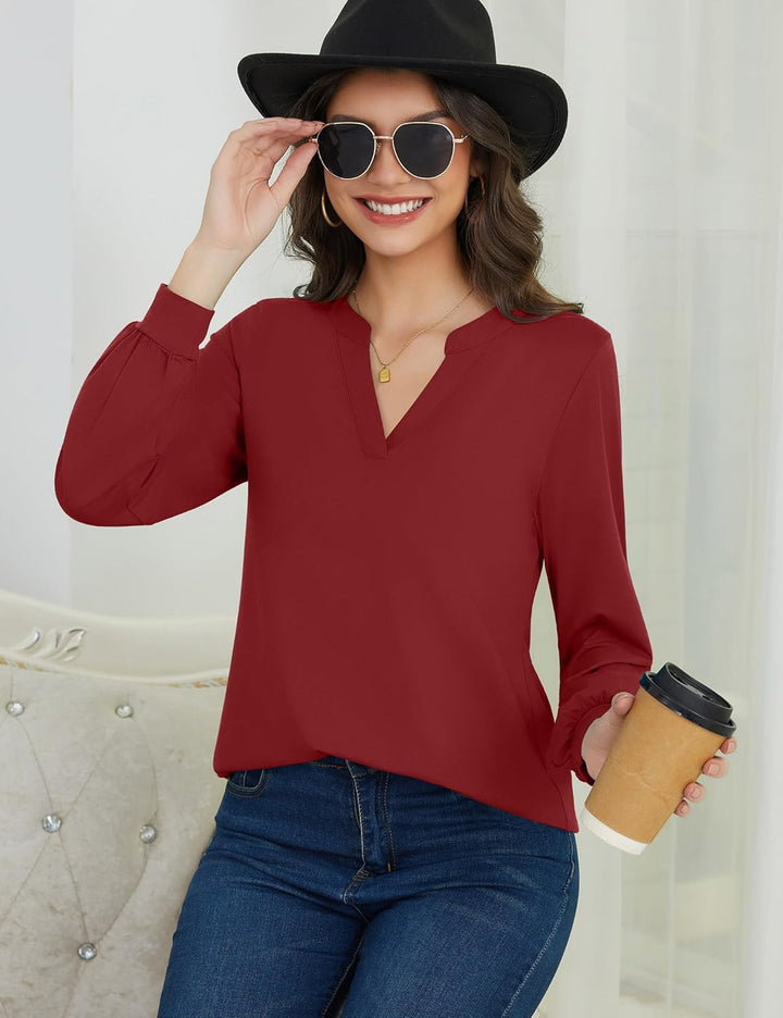 Beluring Langarmshirt Damen Elegant V Ausschnitt Tunika Bluse Einfarbig T-Shirt M Weinrot, M Weinrot
