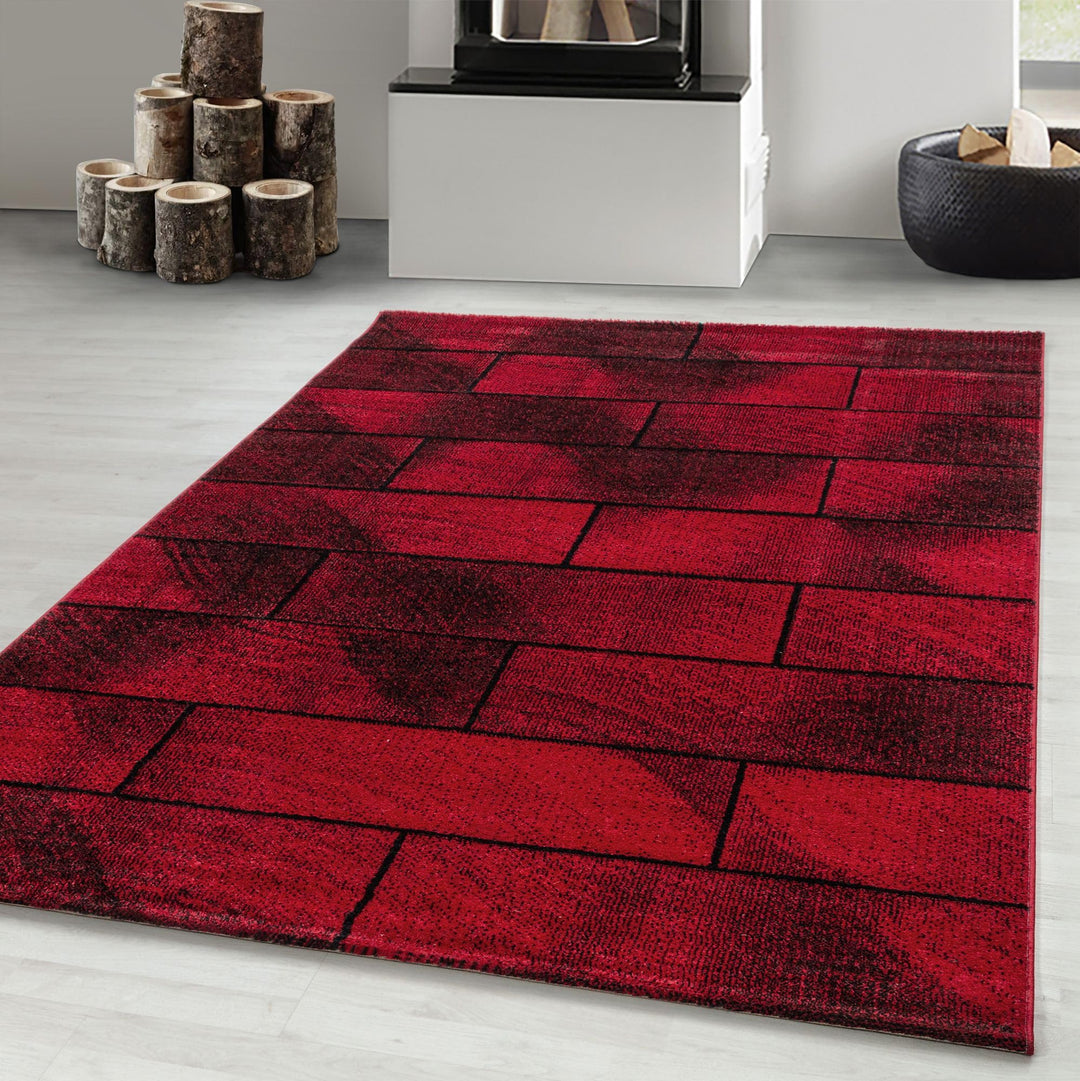 Carpetsale24 Designer Teppich Modern Stein Mauer Optik – Rot und Schwarz – Wohnzimmerteppich für mod