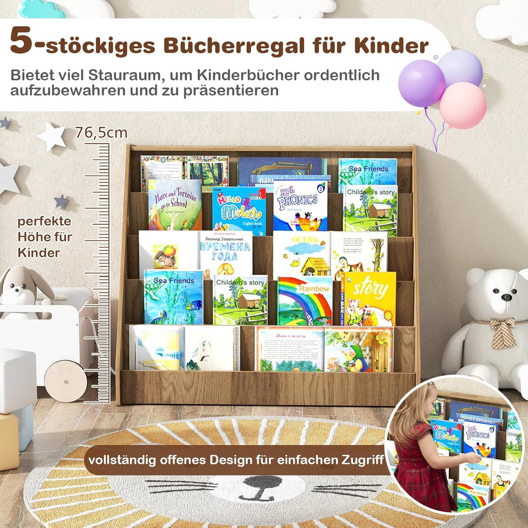 GOPLUS Kinder Bücherregal, 5-stufiges Kinderregal mit tiefen Fächern, Montessori Kinderbücherregal,
