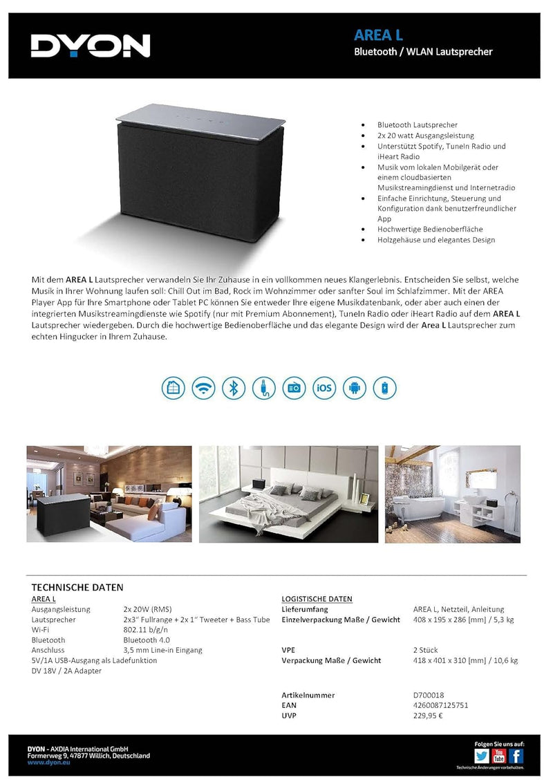 DYON Area L Bluetooth Lautsprecher Sound System, 2x20W RMS,mit hochwertiger Edelstahlausführung, sch