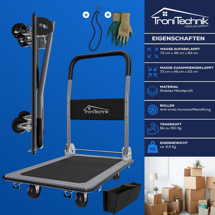 TroniTechnik® Transportwagen Paketwagen Plattformwagen klappbar mit Lenkrollen 150 kg Tragkraft mit