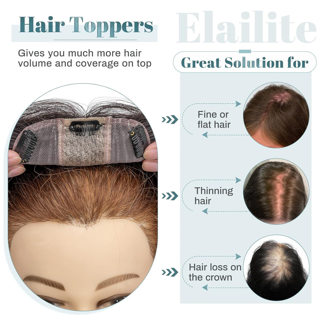 Elailite Clip in Hair Topper, Frauen Toupet Haarteil Echthaar, 15cm 27g Clip in Extensions Haarteil,