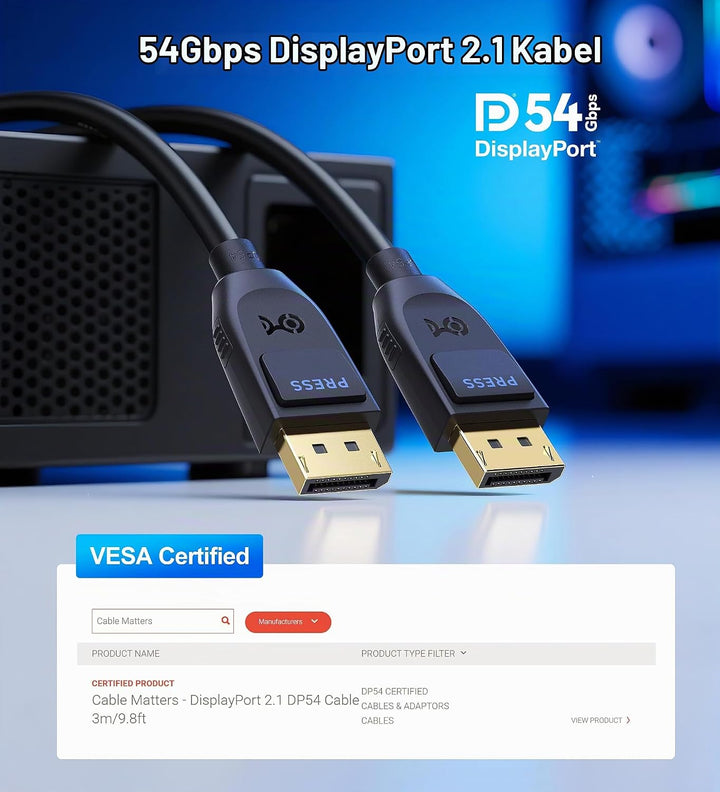 Cable Matters [VESA-zertifiziert] Matters 54 Gbps DisplayPort 2.1 Kabel 3 m, DP54 Kabel mit 8K 165 H