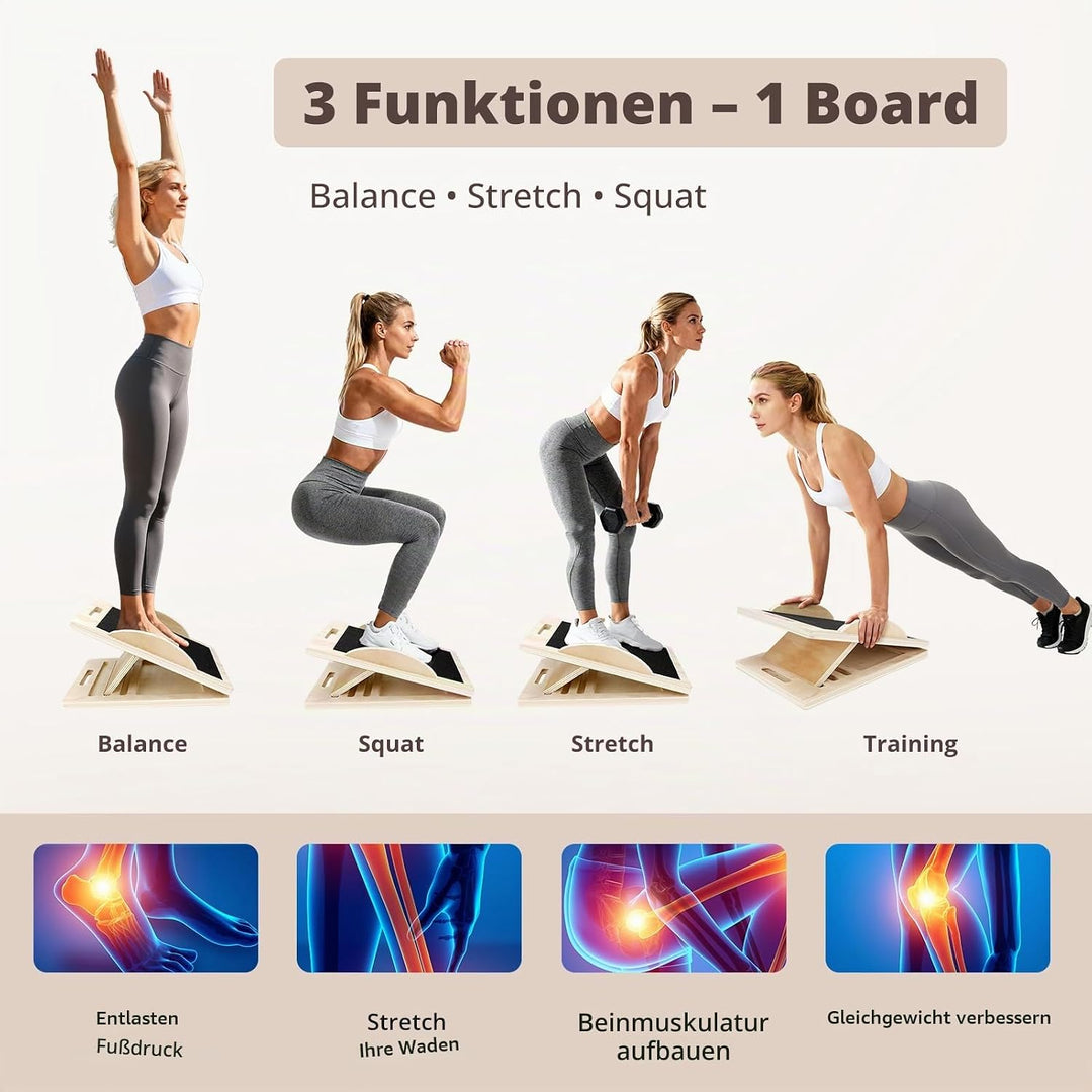 Schrägbrett Holz – Verstellbares Balance Board mit 5 Winkeln (0°–45°) | Waden-Dehner &amp; Stretch Board