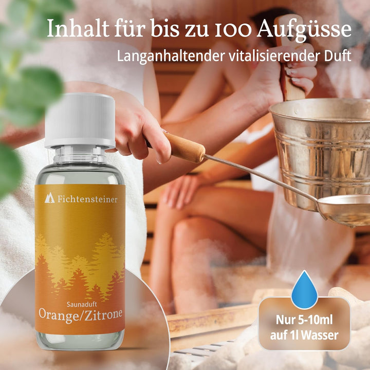 Fichtensteiner Saunaaufguss Orange/Zitrone, 100ml, Sauna Aufgussmittel, sehr ergiebig, für bis zu 10