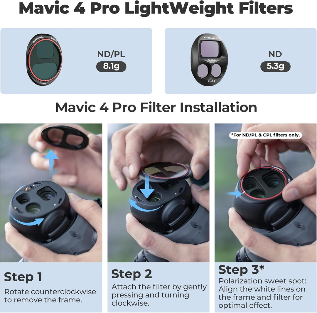 Freewell Split ND-Filter 4er-Pack für DJI Mavic 4 Pro – Split ND8/4, ND16/8, ND32/16, ND64/32 – Redu
