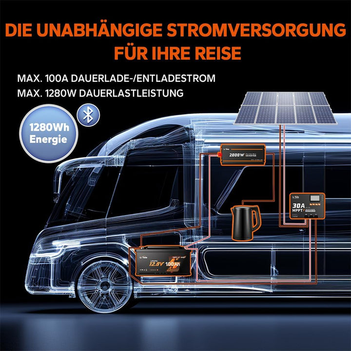 LiTime 12V 100Ah LiFePO4 Wohnmobil Batterie mit Bluetooth &amp; 100A BMS, Tieftemperaturschutz, 4000-150