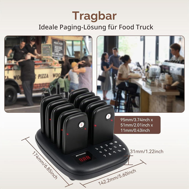 Retekess TD175S Pager Rufsystem, Aussenbereich 800m, 7 Rufmodi mit Vibration, Touch-Taste Leicht zu