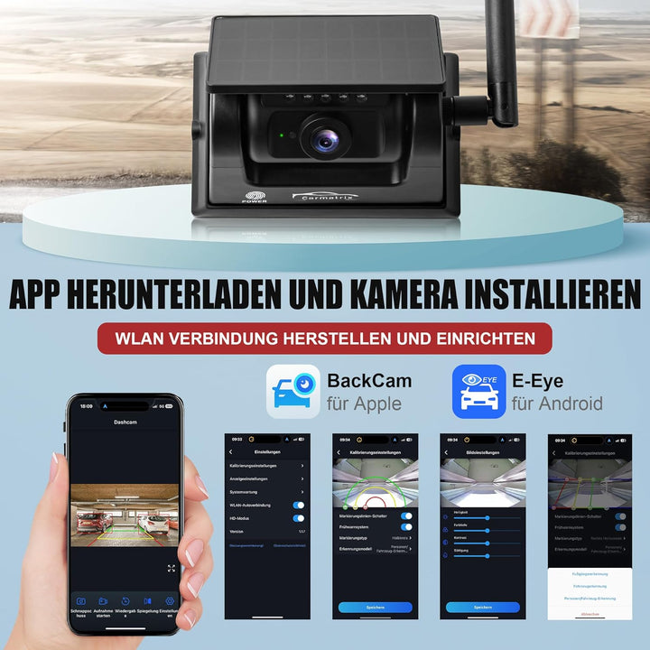 Magnet Rückfahrkamera mit Funk WLAN Solar – Kabellose Einparkhilfe mit KI-Personenerkennung, App-Übe