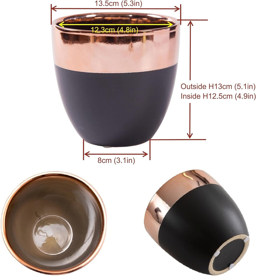 Jinfa 6er-Set Keramik Blumentöpfe Übertöpfe | Mattschwarz mit rosegoldenem Finish | Durchmesser 13,5