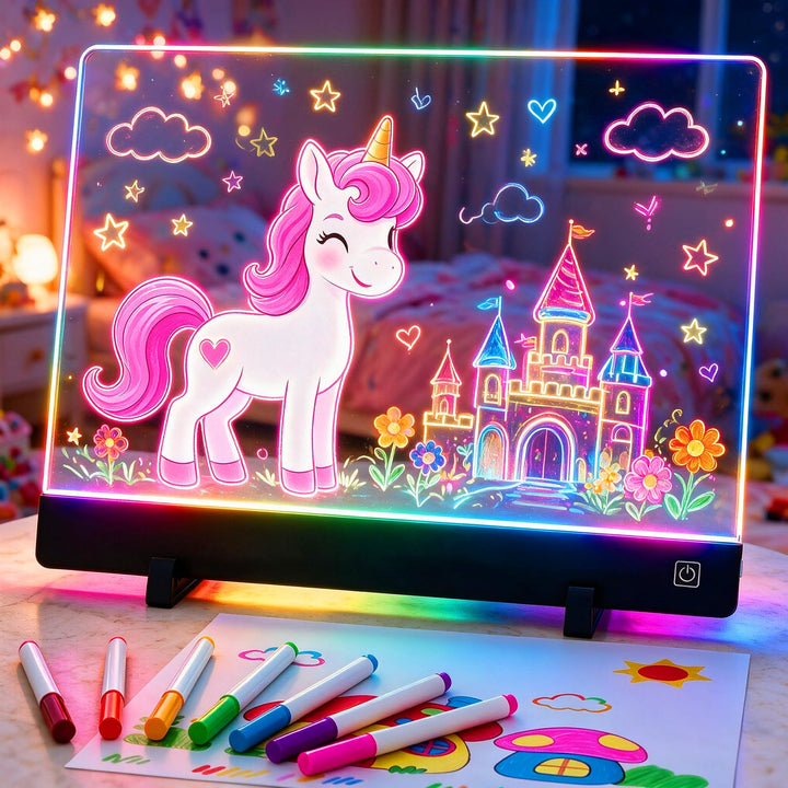 LED-Zeichenbrett für Kinder, 1500mAh wiederaufladbares Notizbrett mit 4-Farben-Lichtmodi &amp; 7 Markern