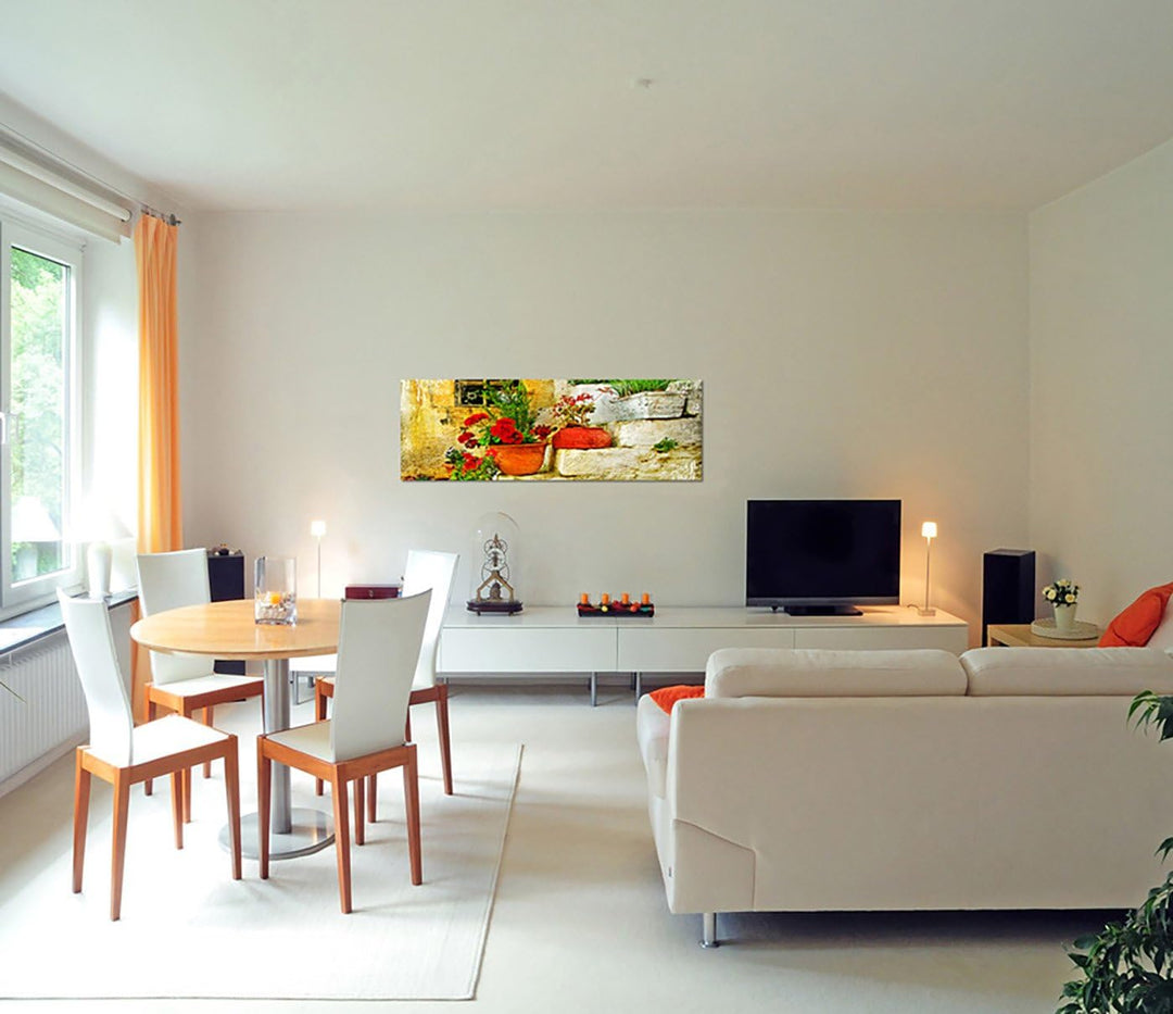 Paul Sinus Art Panoramabild auf Leinwand und Keilrahmen 150x50cm Steinhaus Treppe Blumen Griechenlan