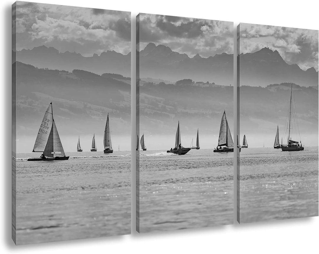 deyoli Meer voller Segelboote Format: 3Teilig als Leinwand, Effekt: Schwarz&Weiss, Motiv fertig gera