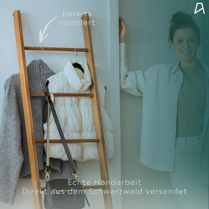 Staboos Massiv Holz Handtuchhalter - Handgemachter Badetuchhalter aus Buchenholz - Holzleiter (Nussb
