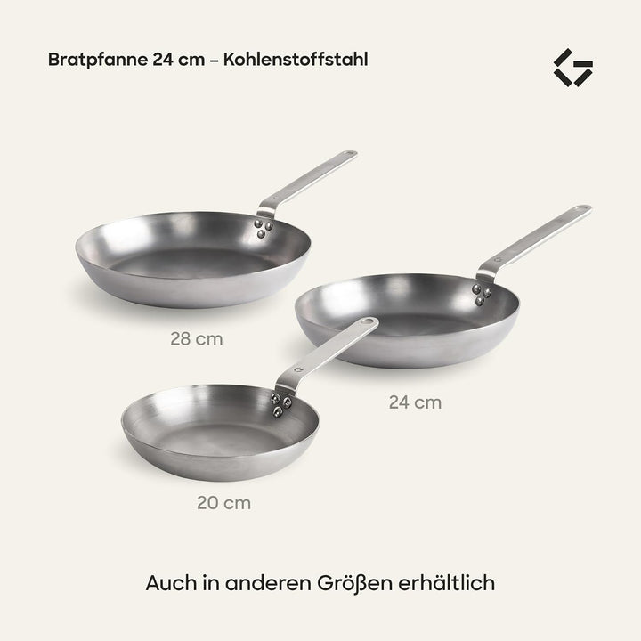 Gastrotools Carbonstahl Bratpfanne 24cm, natürliche Antihaft-Oberfläche ohne PFAS, Ofenfest bis 650°