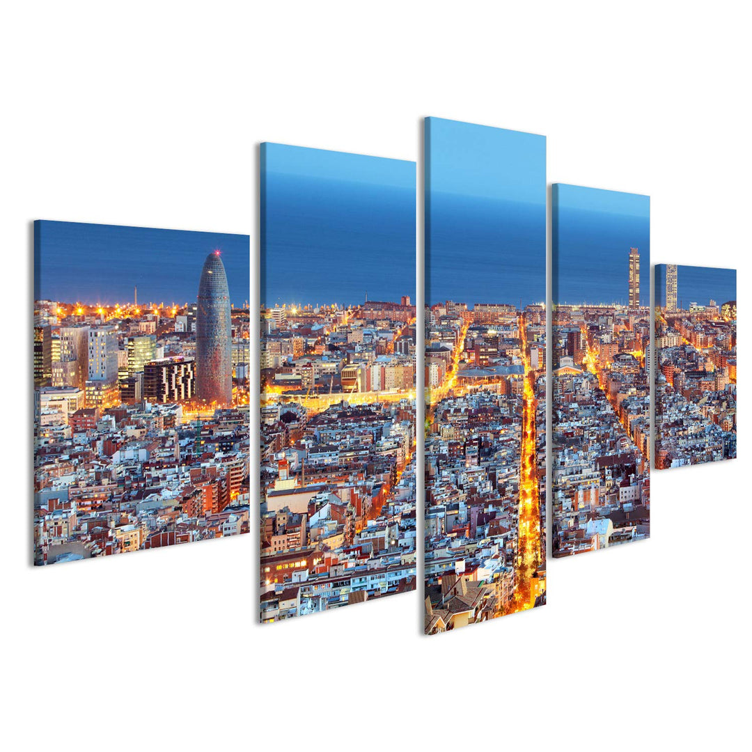 islandburner, Bild auf Leinwand Skyline von Barcelona, Luftaufnahme bei Nacht, Spanien Wandbild Post