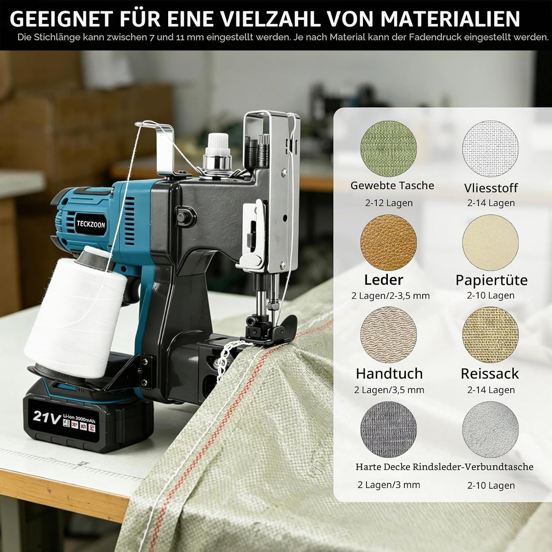 Elektrische Sacknähmaschine,Tragbare Akku Taschennähmaschine mit 2 Batterie, Stichlänge: 7–11mm, Näh
