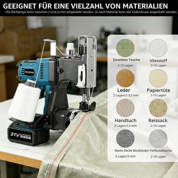 Elektrische Sacknähmaschine,Tragbare Akku Taschennähmaschine mit 2 Batterie, Stichlänge: 7–11mm, Näh
