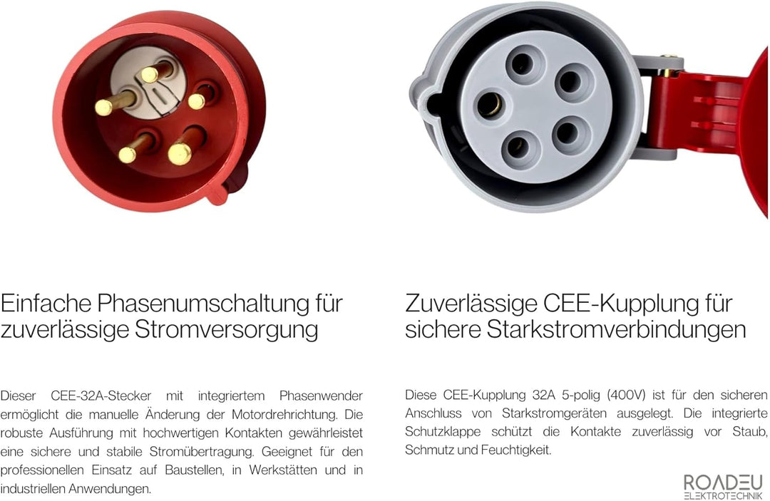 RoadEu - CEE Adapter 32A auf 32A mit Phasenwender - Starkstrom Adapter 32A Stecker auf 32A Kupplung