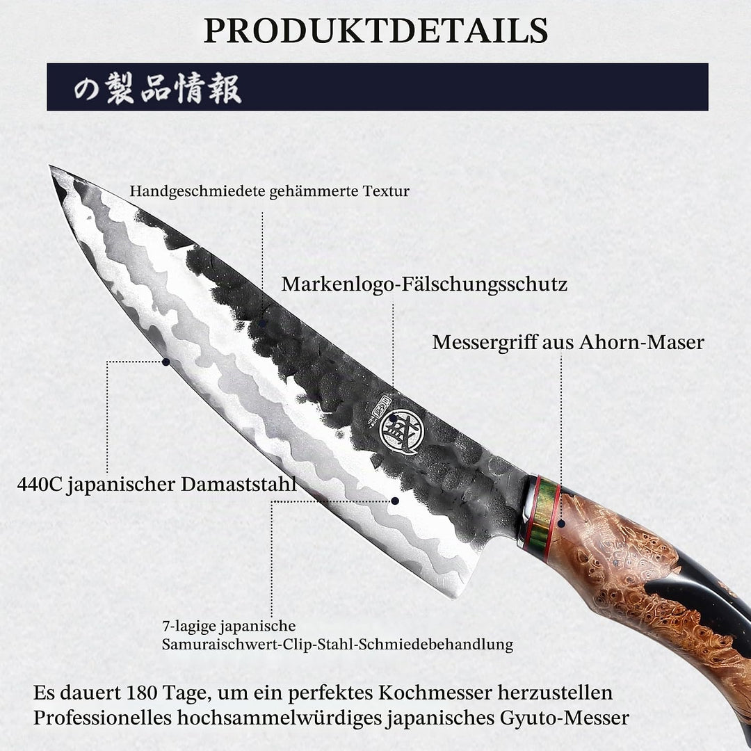 MITSUMOTO SAKARI 20 cm Handgeschmiedetes Küchenmesser Profi, 440C Damast Japanisches Messer, Advance