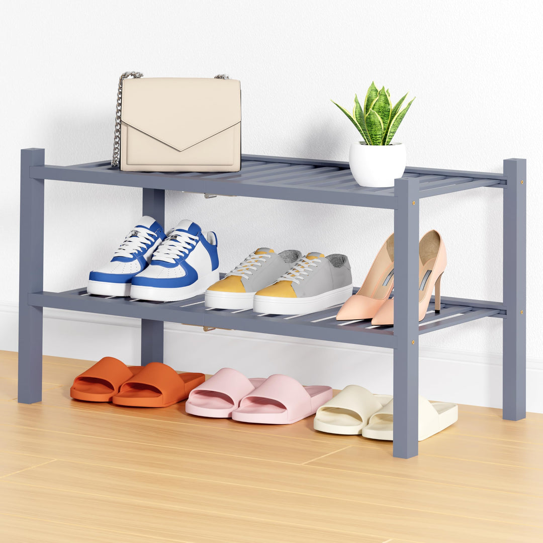smiry Schuhregal mit 2 Ebenen, Platzsparende Schuhablage, Stapelbar Schuhorganizer, Bambus Regal für