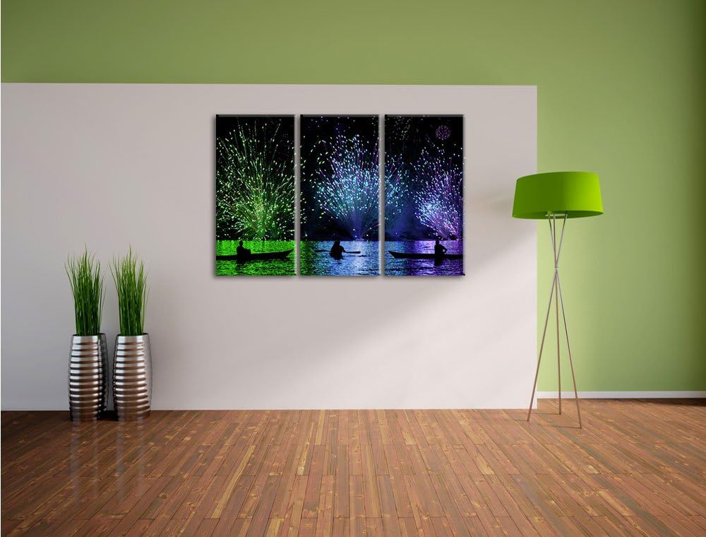 Pixxprint Feuerwerk auf dem Wasser / 3-Teilig/Gesamtmass 120cm Leinwandbild bespannt auf Holzrahmen/
